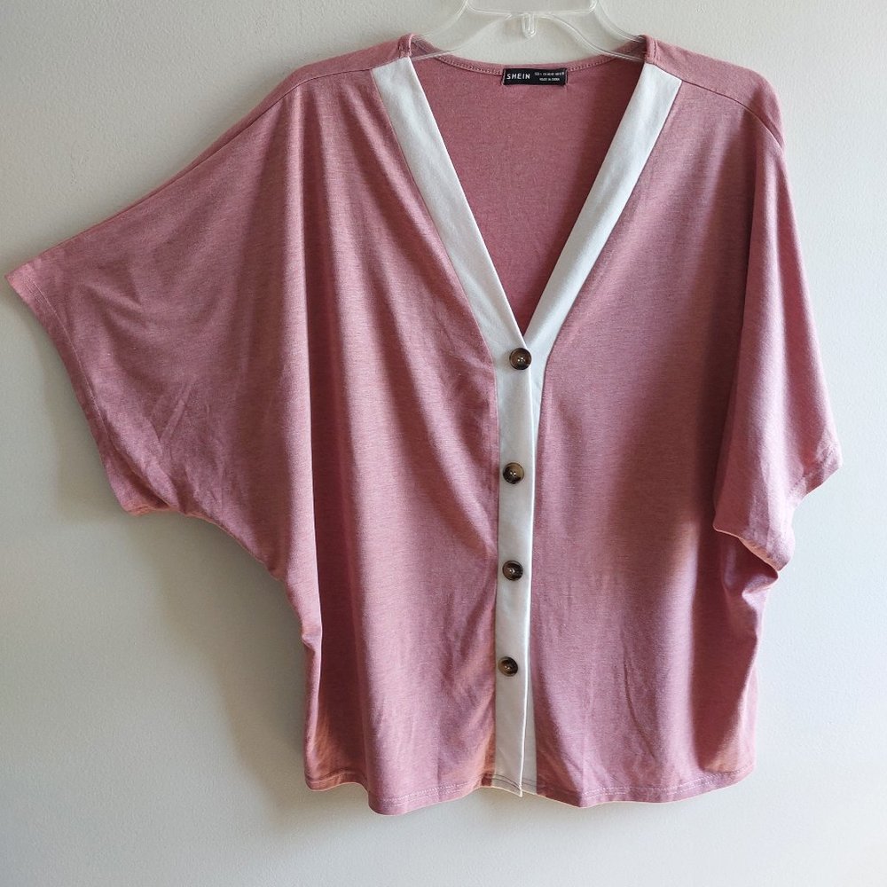 Shein Dusty Rose/White V-Neck Pullover Top NWOT